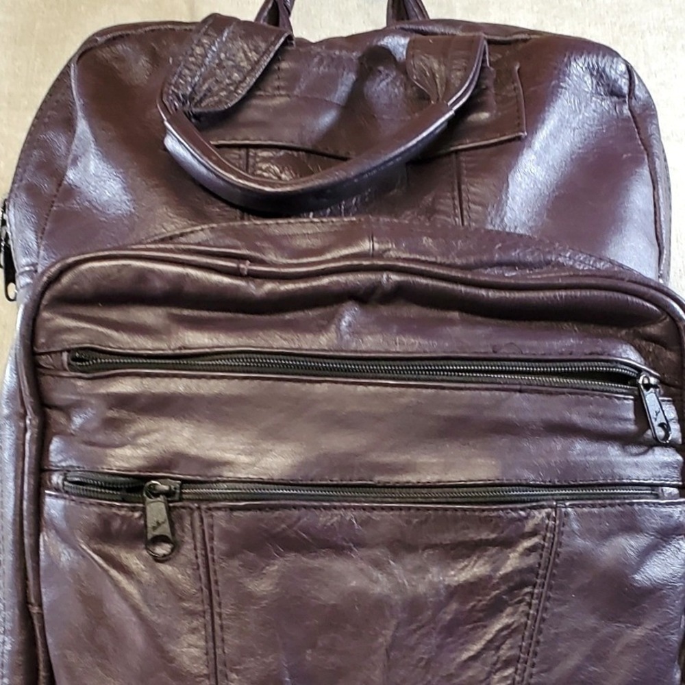 Vintage Plum Purple Soft Leather Backpack Multi Pocket Talon Zipper Bag - Picture 9 of 9